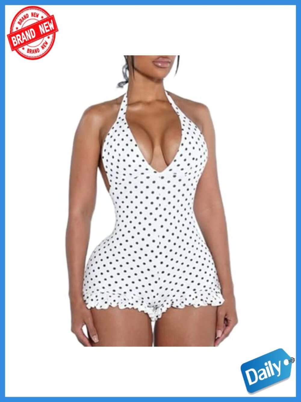 Sexy Backless Polka Dot Romper V-Neck Sleeveless Bodycon Short Jumpsuit for